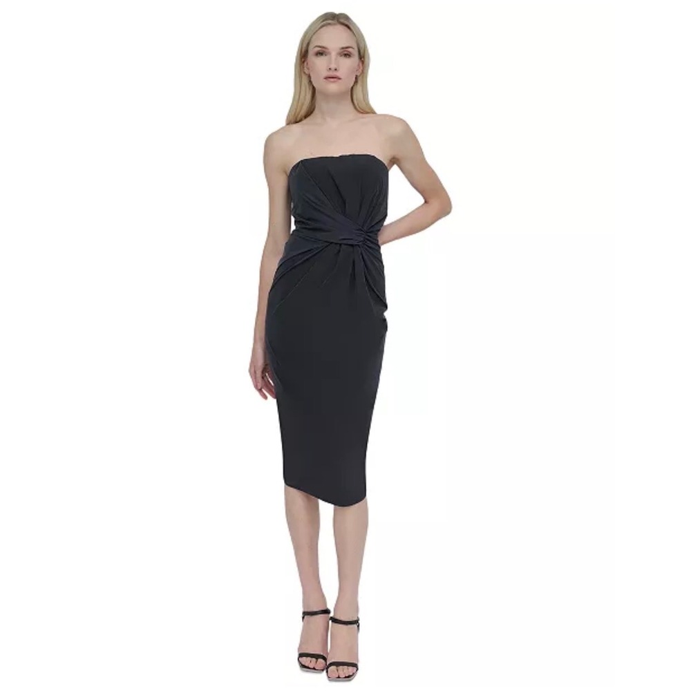 DKNY Womens Strapless Twisted Knot Midi Dress Black Taffeta Tech Size 12 NWT